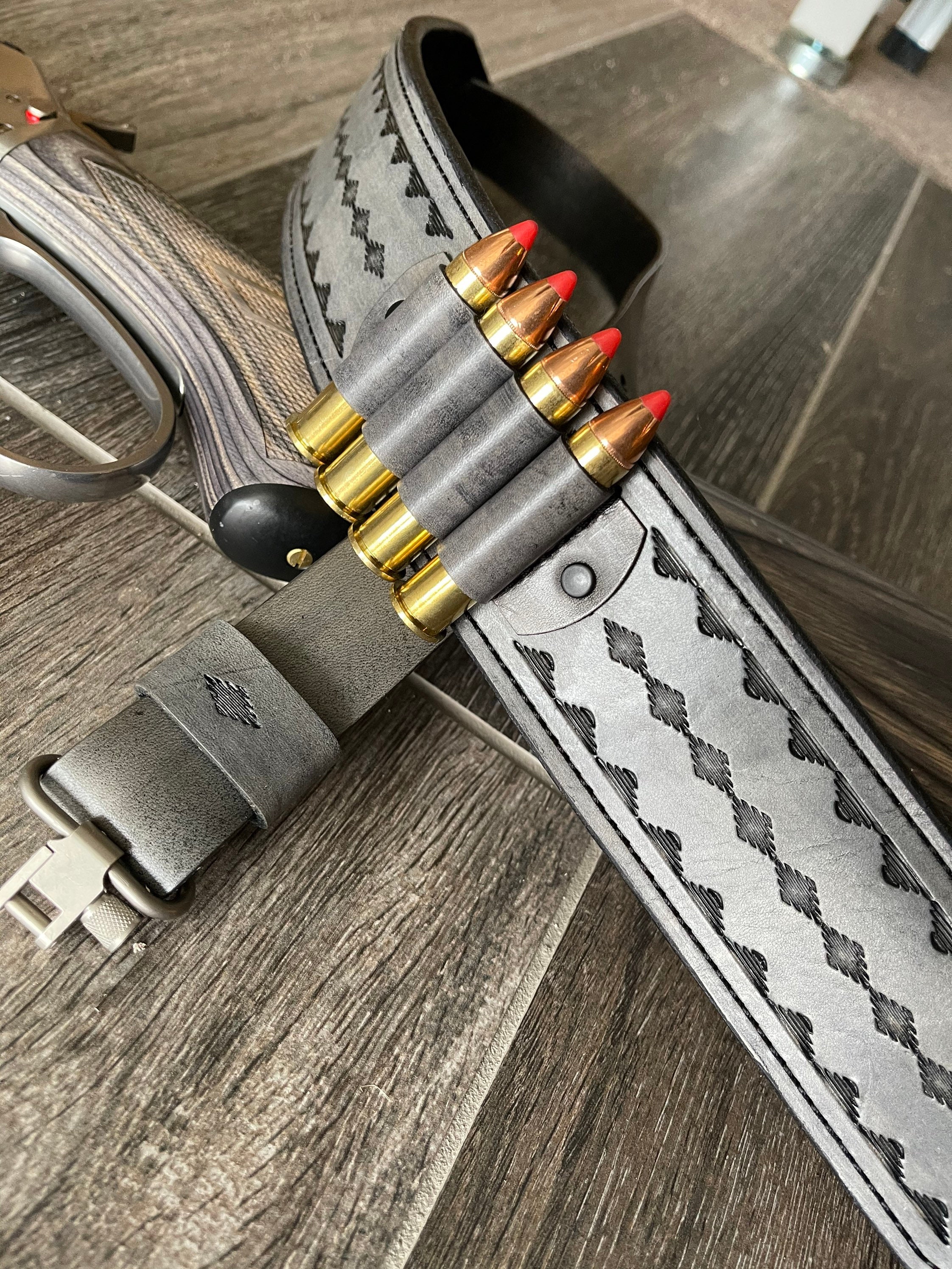 Handtooled Leather Rifle Sling with Bullet Loops, Finished in Gray