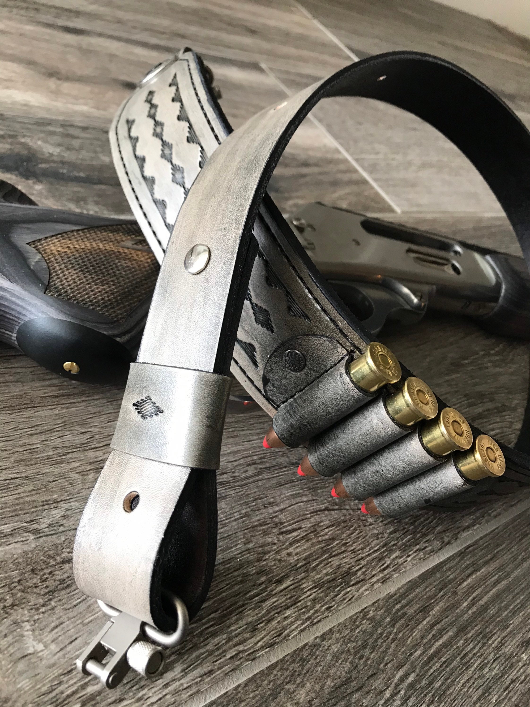 Handtooled Leather Rifle Sling, Finished in Antique Smoke (Gray/Black