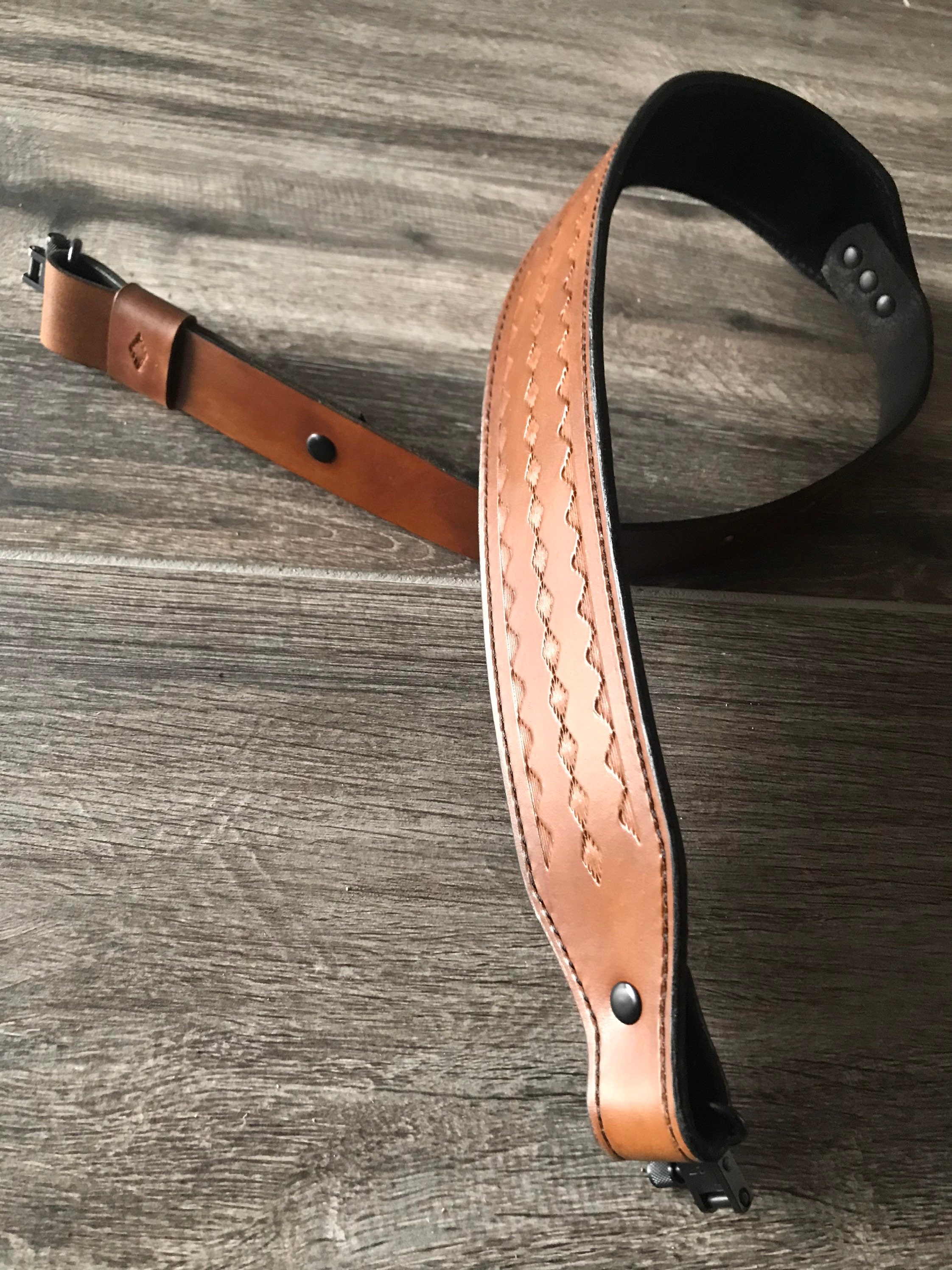 Handtooled Leather Rifle Sling, Finished in Walnut and black (Brown