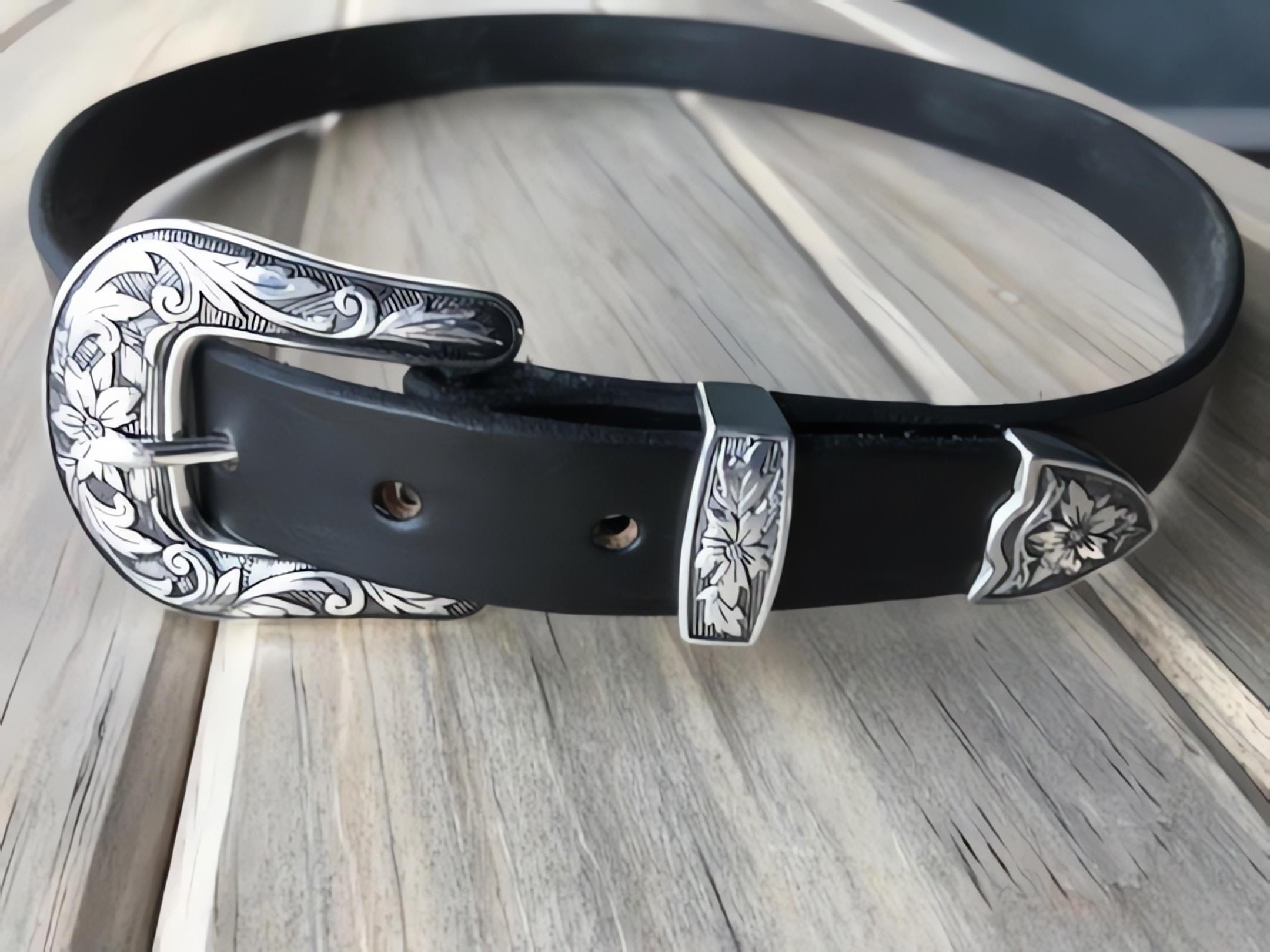 Leather Western Belt With Antique Silver Floral Buckle Set 