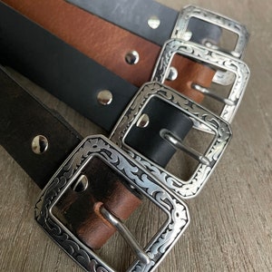 Leather Belt with Silver Western Floral Buckle (1.25-inch width)