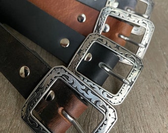 Leather Belt with Silver Western Floral Buckle (1.25-inch width)