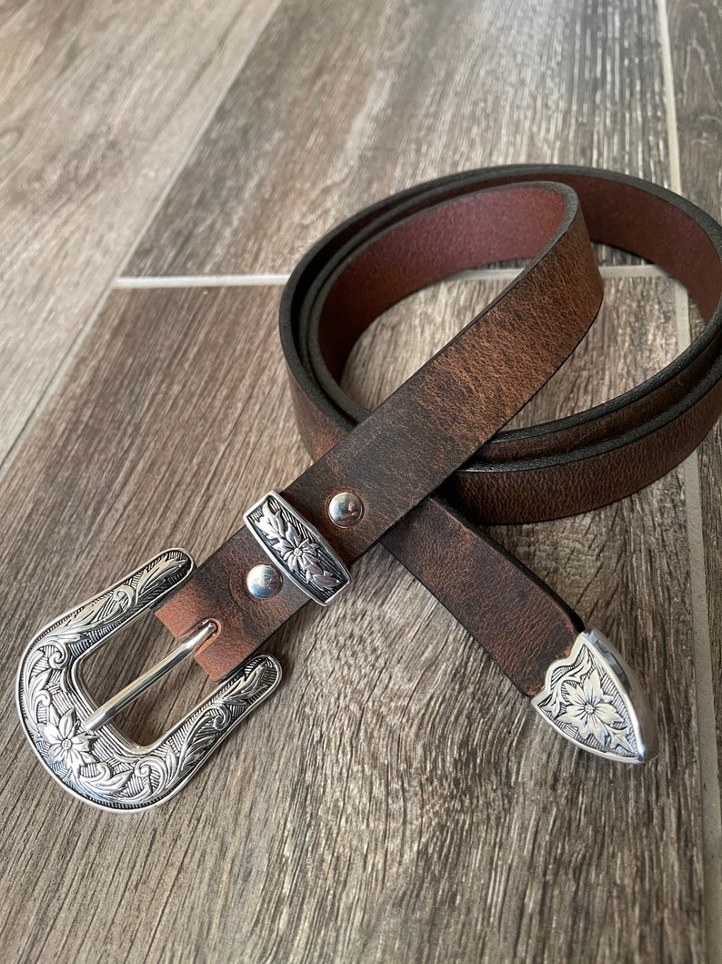 Leather Belt With Antique Silver Western Floral Buckle Set - Etsy
