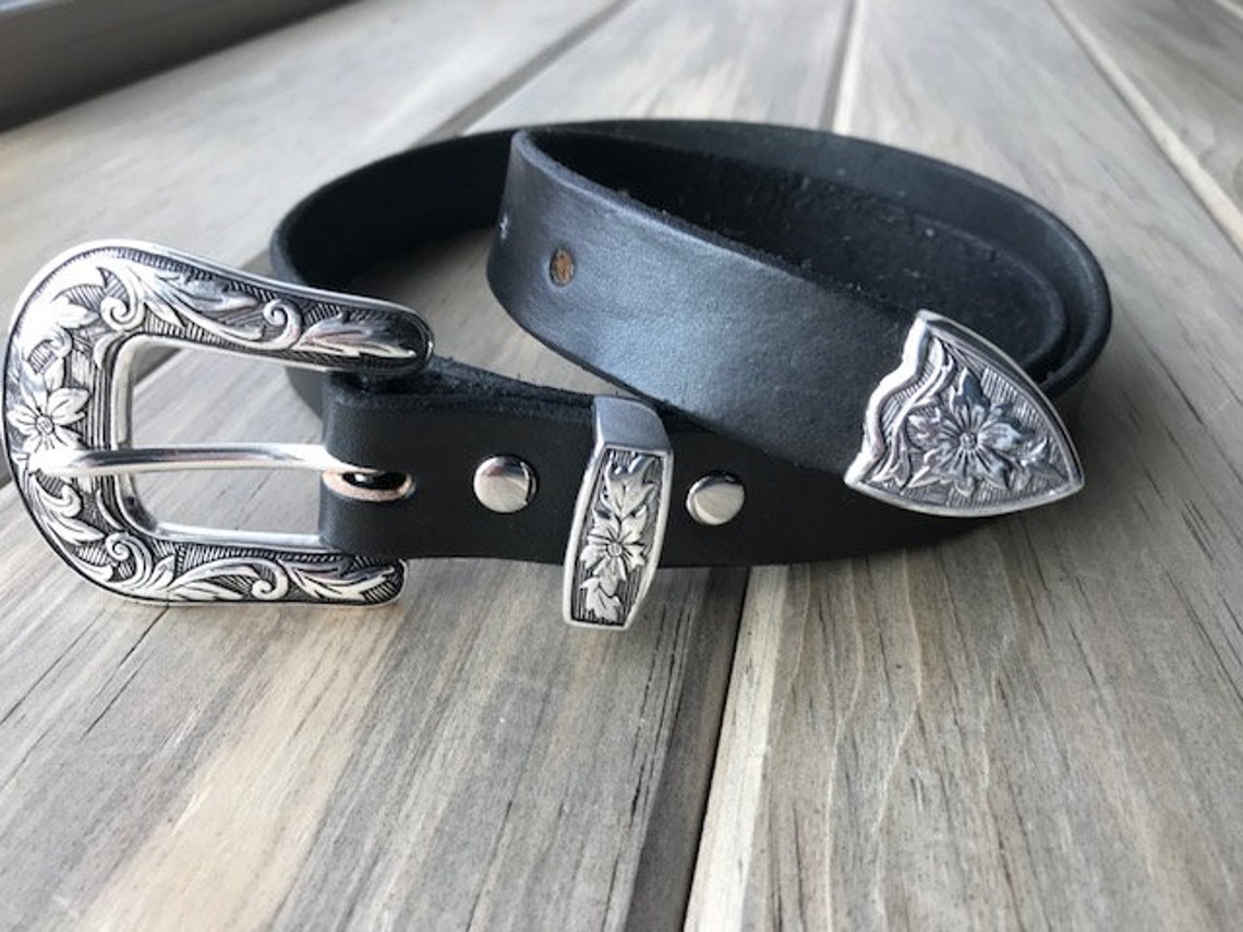 Leather Belt With Antique Silver Western Floral Buckle Set - Etsy