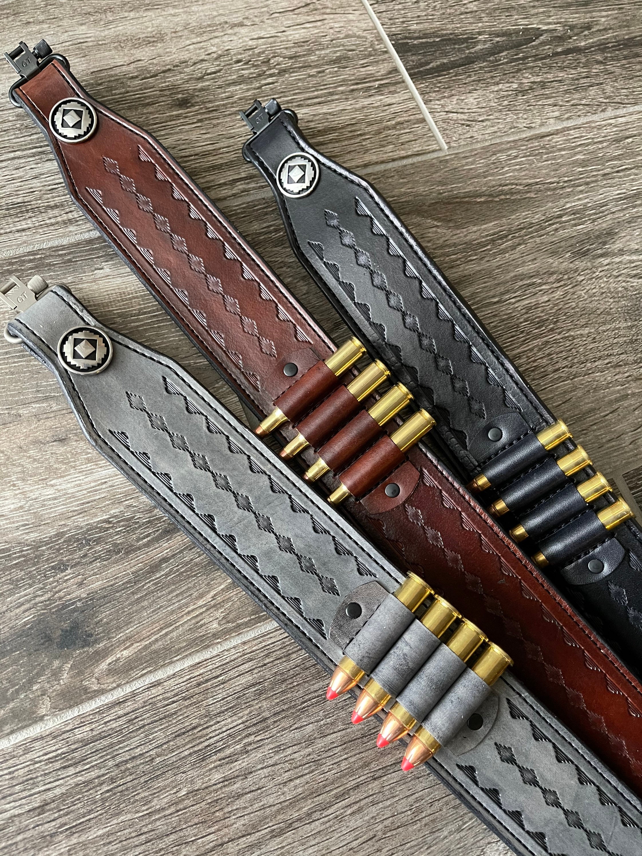 Handtooled Leather Rifle Sling with Bullet Loops, Finished in Gray
