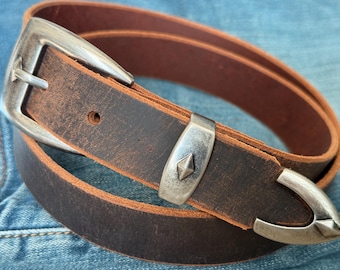 Rugged Leather Belt with Antique Nickel Buckle Set