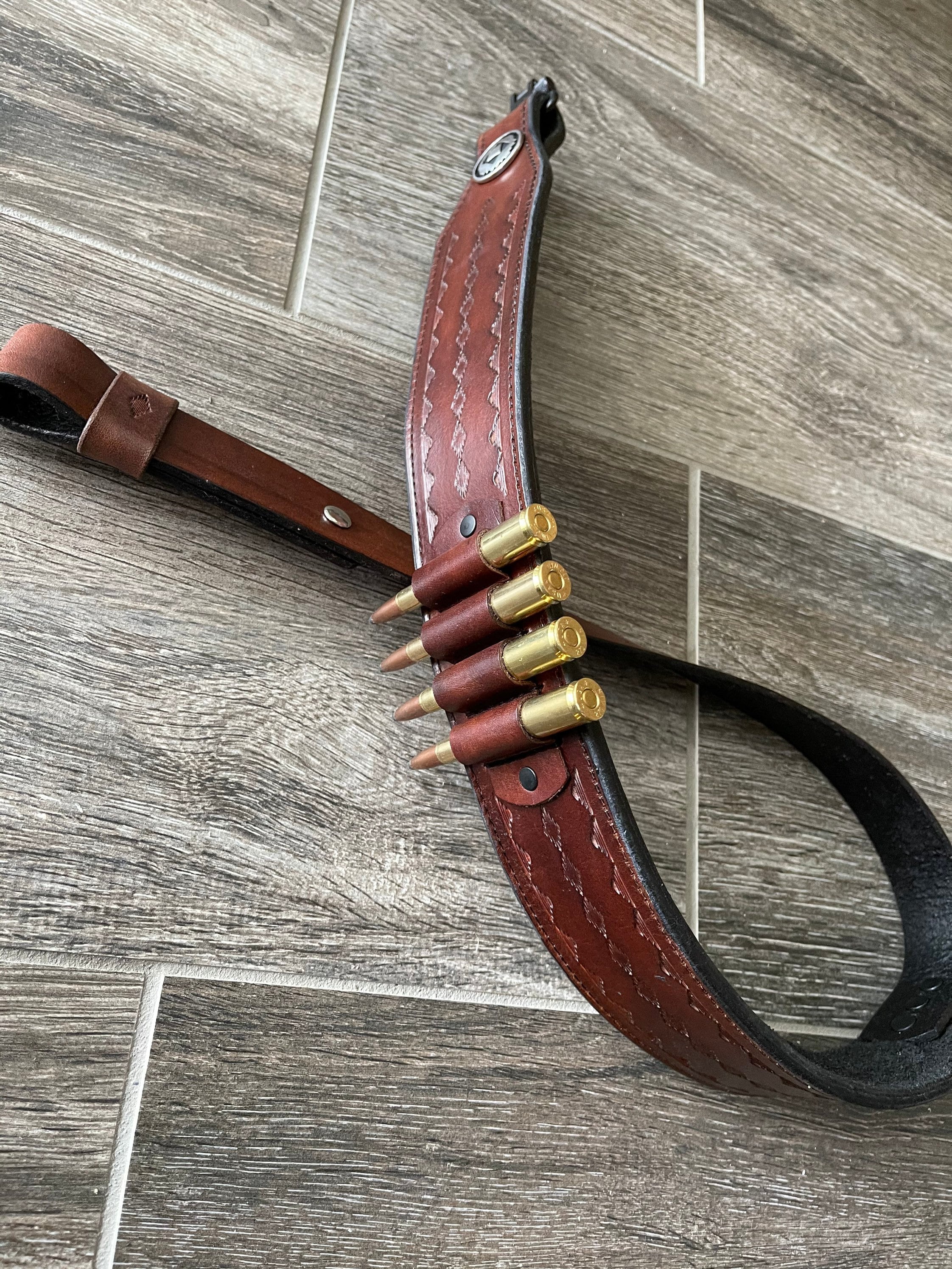 Handtooled Leather Rifle Sling with Bullet Loops, Finished in Gray
