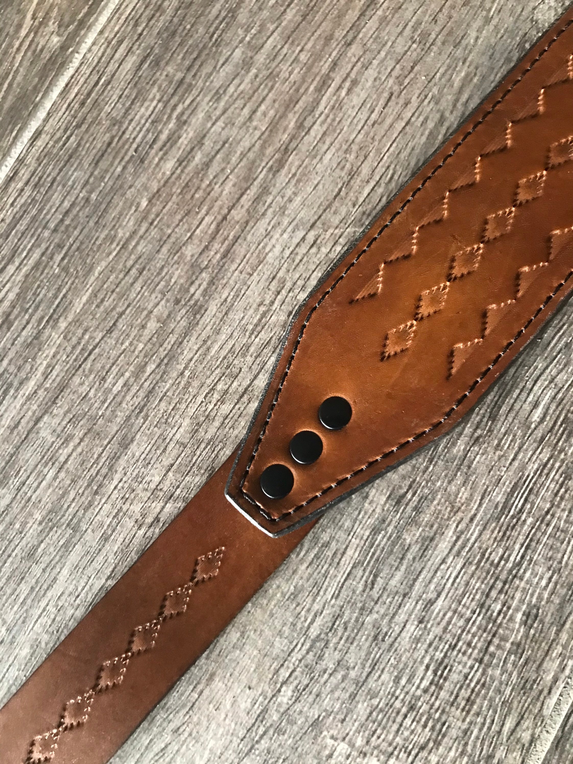 Handtooled Leather Rifle Sling, Finished in Walnut and black (Brown