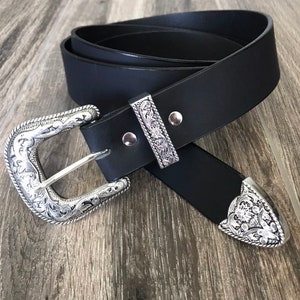 Leather Belt with Antique Silver Western Floral Buckle Set (1.5-inch width)