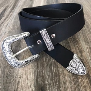 Leather Western Belt with Antique Silver Floral Buckle Set (1.5-inch width)
