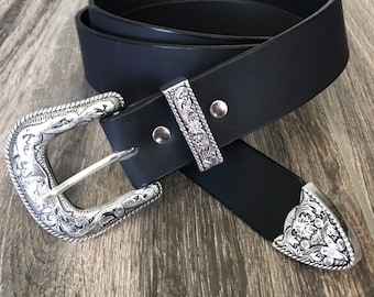 Leather Belt With Antique Silver Western Floral Buckle Set | Etsy