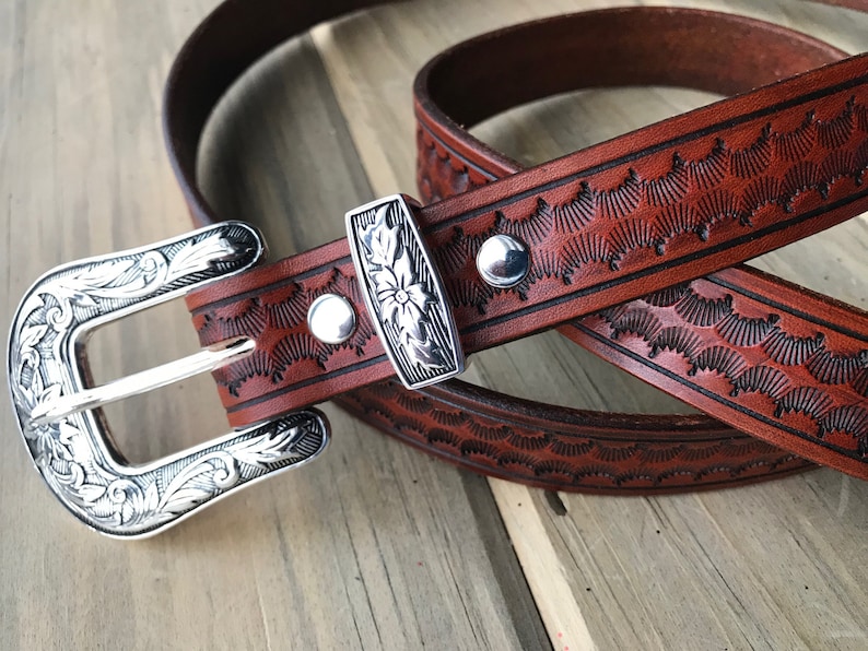 Leather Belt with Antique Silver Western Floral Buckle Set | Etsy