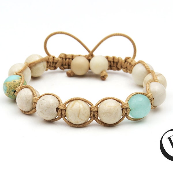 BEACH - Handmade Shamballa bracelet / Adjustable bracelet / 10mm gemstones / Amazonite, Fossil, Regalite