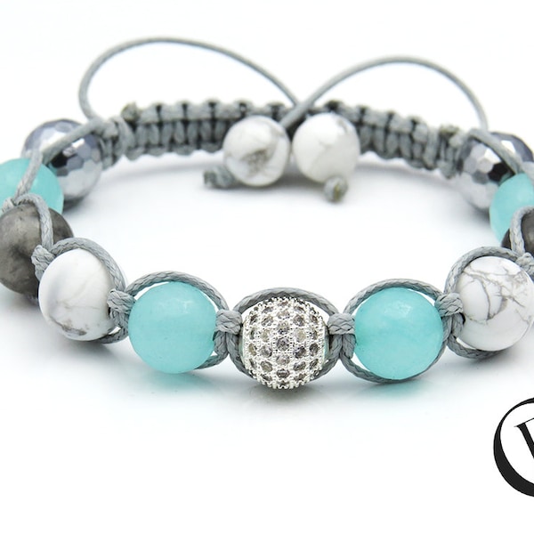 GLACIER - Handmade in Canada / Shamballa Bracelet / Adjustable Bracelet / 10mm Gemstones, Howlite, Quartz and Amazonite / Cubic Zirconia