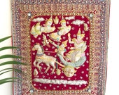 Vintage Sequined Embroidered Velvet Burmese Kalaga Tapestry Wall Hanging, Boho Home, Jungalow Style