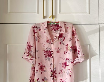 Vintage 80s Pink Floral Short Sleeve Blouse  - Size 12/M