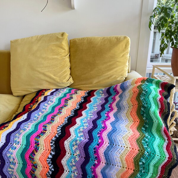 Vintage Handmade Colourful Rainbow Crochet Blanket - Throw Rug