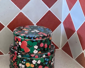 Set of 2 Vintage Rustic Colourful Round Floral Berries Tins - Metal Container  - Kitchen Decor - Old Tin Box