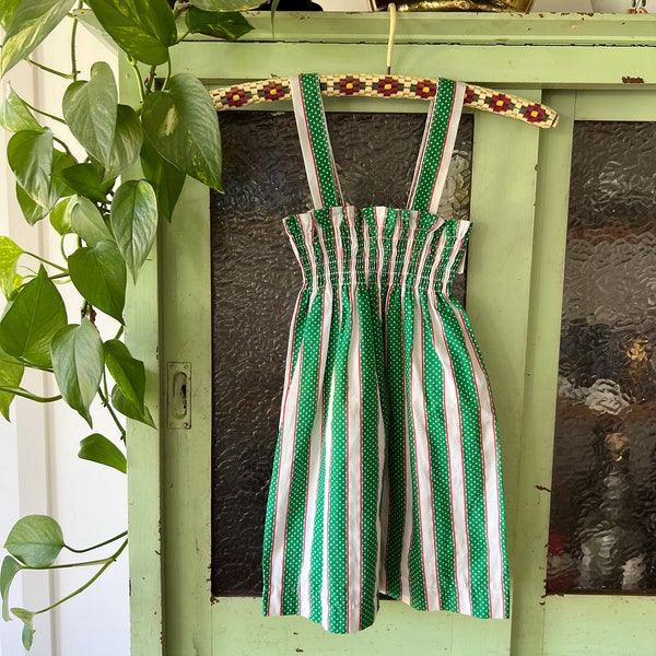 Vintage Deadstock Cotton Green Red and White Stripe Summer Girls Dress- Size 4 Girls - Vintage Kids Clothing