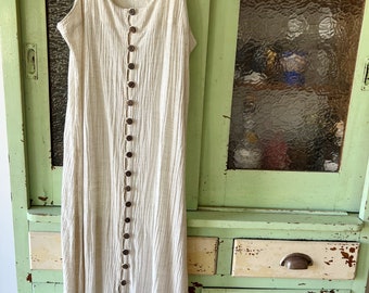 Vintage 90s Natural Cream Crinkle Material Button Down Midi Summer Dress - Size S / 8