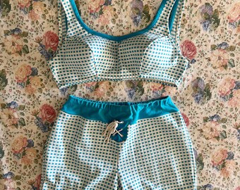 Vintage 70s Two Piece Blue and White Check Handmade Swimsuit - Bikini Top and Short Bottoms - Size XS