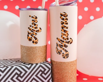 Mommy and Me Tumblers | Leopard Print Matching Tumblers |  Mama and Mini Glitter Tumblers With Straw | Gift for Mom and Daughter