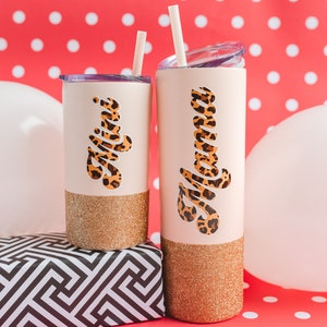 Mommy and Me Tumblers | Leopard Print Matching Tumblers |  Mama and Mini Glitter Tumblers With Straw | Gift for Mom and Daughter