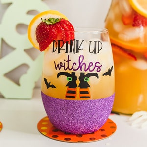 Kieliszek do wina z brokatem Drink Up Witches, Cheers Witches, Kieliszek do wina czarownic, Kieliszek do wina na Halloween, Kubek z brokatem na Halloween, Podstawowy prezent dla czarownicy