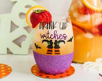 Kieliszek do wina z brokatem Drink Up Witches, Cheers Witches, Kieliszek do wina czarownic, Kieliszek do wina na Halloween, Kubek z brokatem na Halloween, Podstawowy prezent dla czarownicy