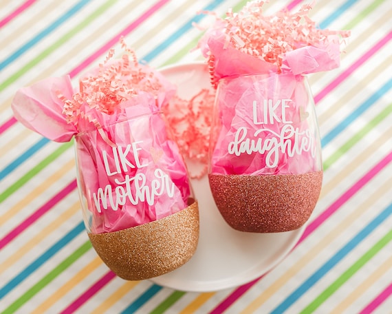 Like Mother Like Daughter Personalized Wine Glasses | Gift For Mom | Mother's Day From Daughter | Mommy and Me Stemless Wine Glasses