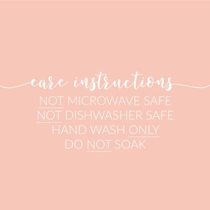 May include: Care instructions for a product: Not microwave safe, not dishwasher safe, hand wash only, do not soak.