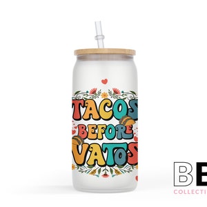 Cafecito y Chisme - Latina AF - Cafecito Glass Cup - Custom Tumbler with Straw - Iced Coffee Cup - Frosted Glass Tumbler - Latinx