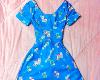 1960s Vintage Retro Mod Print Dress, 60s Vintage Retro Mod Floral Dress, 60s Blue Dress, 60s Mod Dress, Vintage Blue Dress