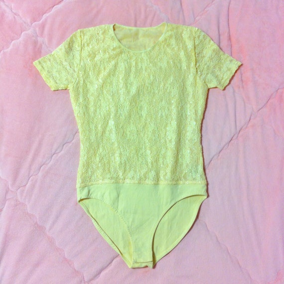 90s Vintage Lace Bodysuit, Vintage Pastel Yellow L