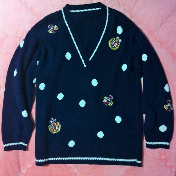 Vintage Navy Blue Knit Sweater, 90s Vintage Navy B
