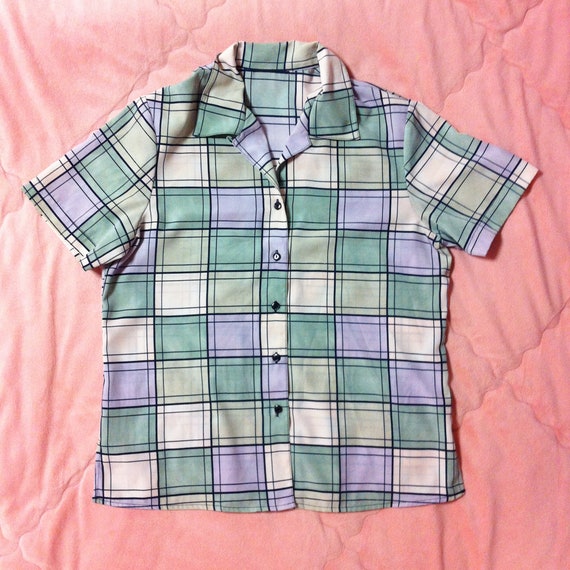 Vintage Pastel Blouse, Pastel Plaid Shirt Blouse,
