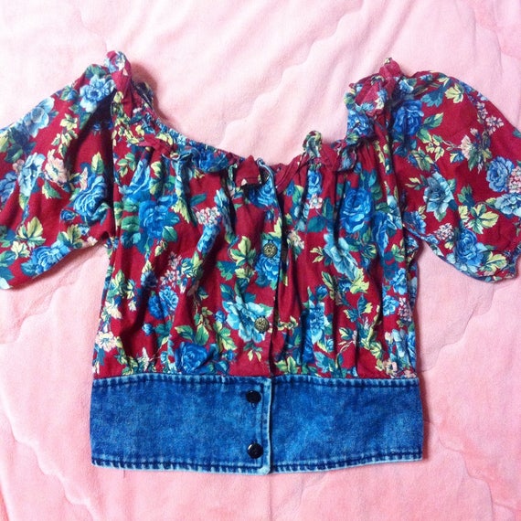 90s Vintage Denim Floral Crop Top, Vintage Floral