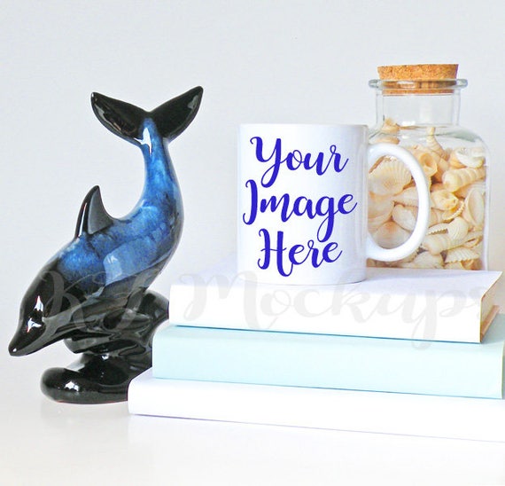 Coffee Mug Mockup Blank Mug Template Dolphin Seashells Blue