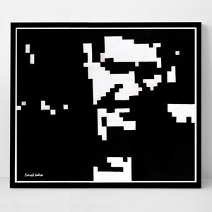 Poster wall art print, black and white Portrait, acrylic on canvas by einat sahar, pixelated drawing, a man silhouette, graphic, gift for a