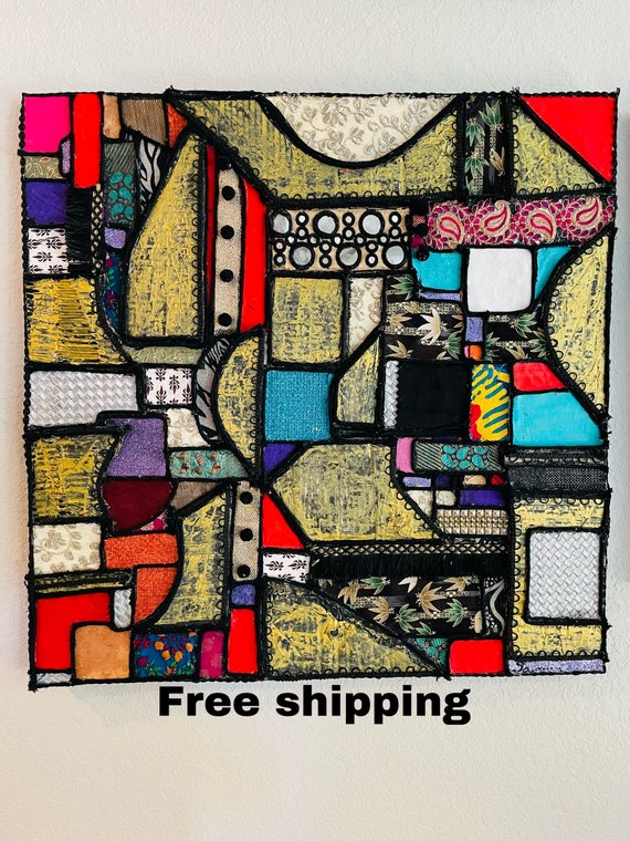 Fabric Collage Wall Hanging on Canvas Board .. Handmade Etsy