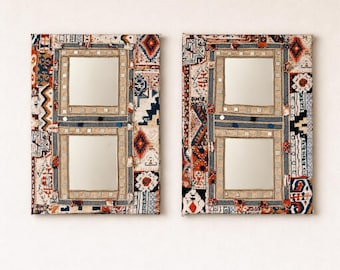 A set of 2 ,Handmade wall mirrors. Eclectic home decor . Wooden base . Colorful , boho eclectic design .