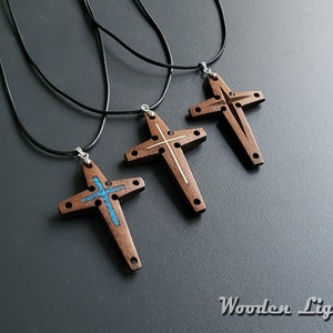 Small wooden cross. Necklace. Hand carved , opal , silver inlay