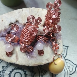 Loc jewelry ready to ship rose quartz shell and copper wire  wrap hair cuff matching set  pure copper dreadlocks ponytail hair cuff