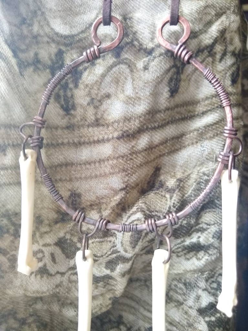 Ethically sourced found natural bone jewelry upcycled pure copper with patina vegan suede witch urban primitive primal necklace