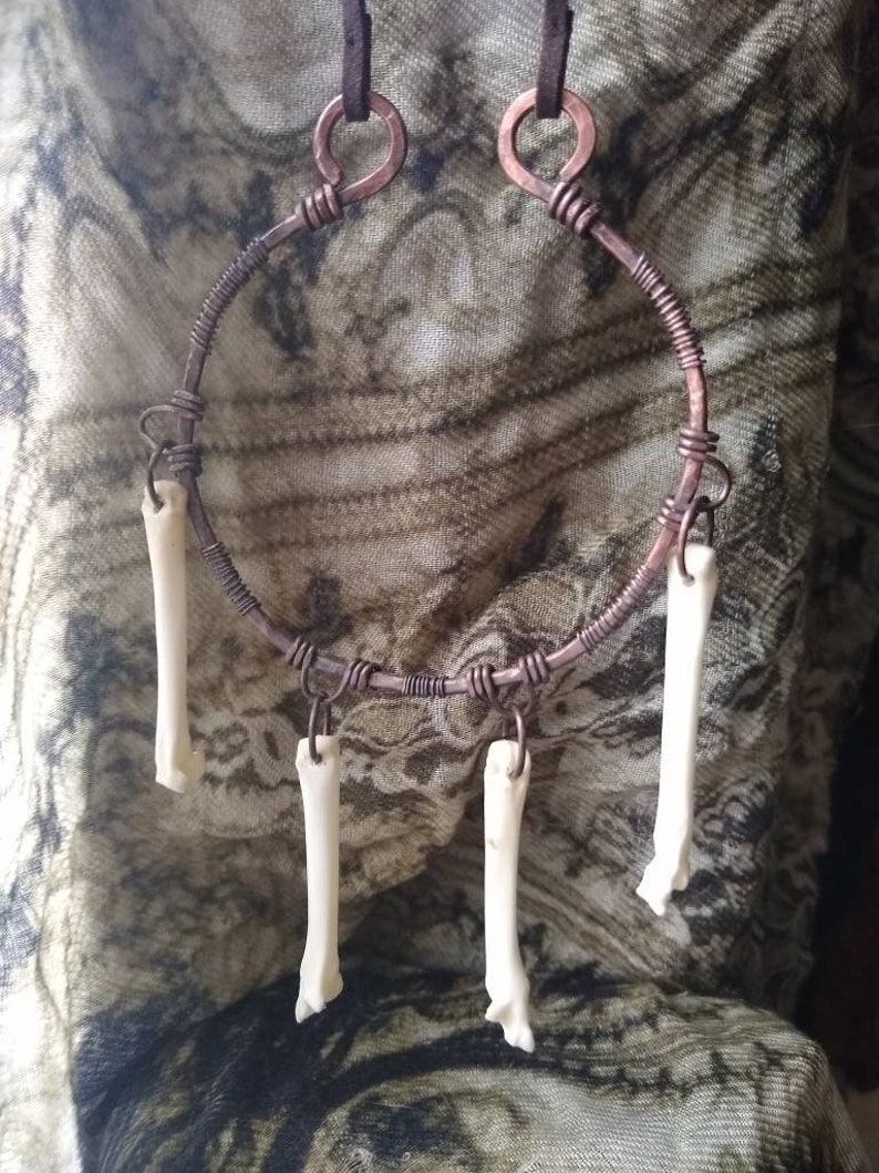 Ethically sourced found natural bone jewelry upcycled pure copper with patina vegan suede witch urban primitive primal necklace