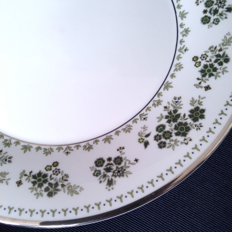 White Dinner Plates Set Olive Green Transferware Florals Etsy