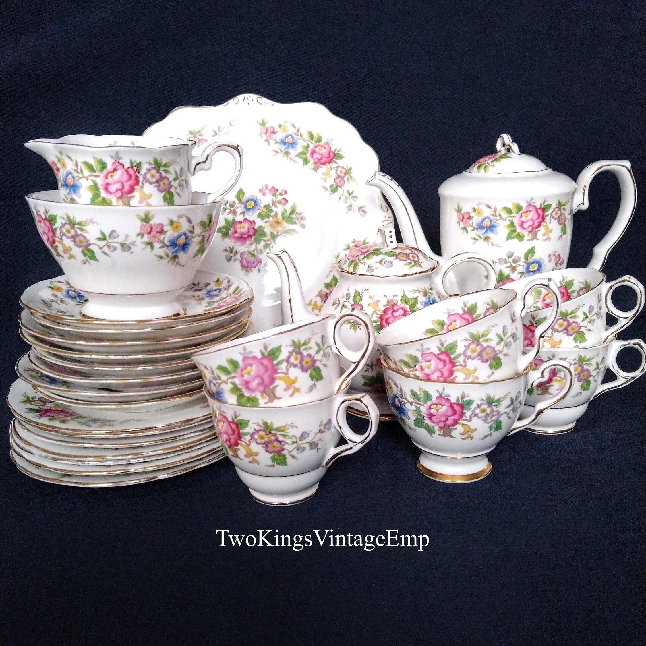 Drinkware French Art Deco blue coffee tee set with 5 cups and teapot