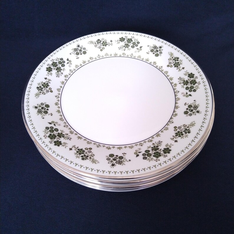 White Dinner Plates Set Olive Green Transferware Florals Etsy