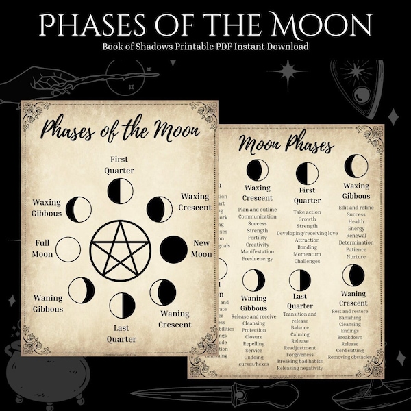 Phases of the Moon Book of Shadows Page Printable, Grimoire Pages, Witchcraft Printable, Witch, Pagan