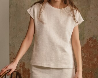 Ready to Ship, Ivory loungewear top for women size S, Cotton boucle blouse, Milky white t-shirt - AUDREY top